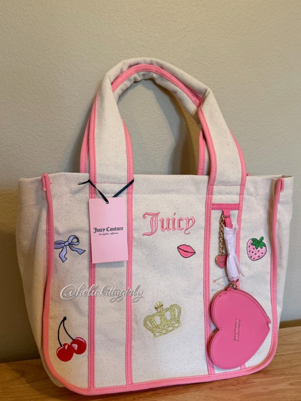 Juicy Couture Cream Canvas Tote with Pink Trim and Heart Charm
